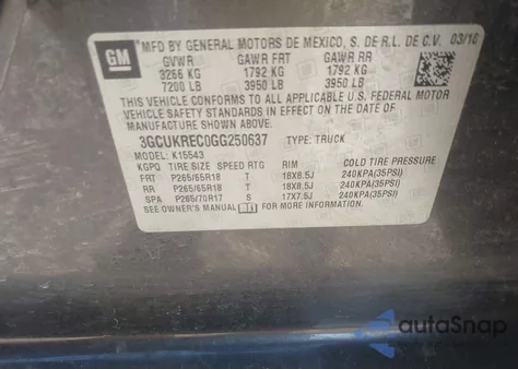 2016 Chevrolet Silverado 1500 2Lt from USA, damaged, VIN 3GCUKREC0GG250637